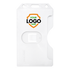 White Custom 2-Sided Rigid Vertical Multi-Card Holder (1840-308X) - Add Your Logo with a slot for holding a card and a protruding clip area on the right side. The upper section features "Your Logo Here" in bold text within a shield graphic, offering a customizable badge holder perfect for brand recognition and a professional look.