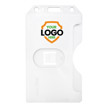 White Custom 2-Sided Rigid Vertical Multi-Card Holder (1840-308X) - Add Your Logo with a slot for holding a card and a protruding clip area on the right side. The upper section features "Your Logo Here" in bold text within a shield graphic, offering a customizable badge holder perfect for brand recognition and a professional look.