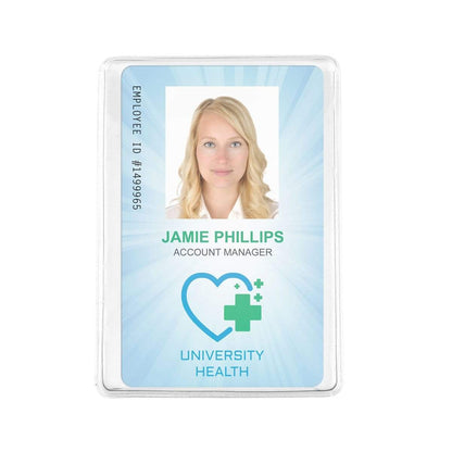 ID badge for Jamie Phillips, Account Manager at University Health, with a photo, employee ID #1499965, and a heart-plus logo. Encased in a Clear Vinyl Business Card Holder - Medicare Card Protective Sleeve (1840-3505) to ensure longevity and protection.