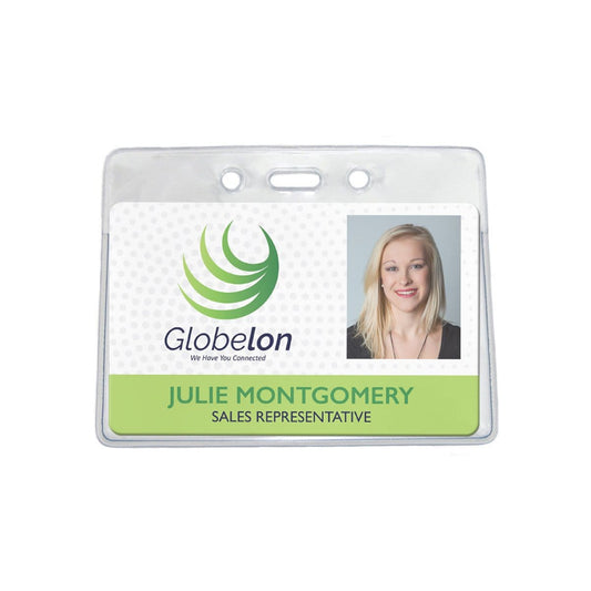 A **Horizontal Vinyl Proximity Card Holder with Locking Top for Prox and Tap to Access ID Cards (P/N 1840-5000)** displays the "Globelon" logo, "Julie Montgomery," "Sales Representative," and a photo of a woman with blond hair. The horizontal proximity card holder features top load slot & chain holes for versatile wearing options.