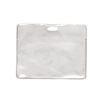 A Clear Flexible Vinyl Horizontal Proximity Card Holder (P/N 1840-5010) with a slot at the top for easy attachment and top load design.