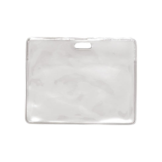 A Clear Flexible Vinyl Horizontal Proximity Card Holder (P/N 1840-5010) with a slot at the top for easy attachment and top load design.