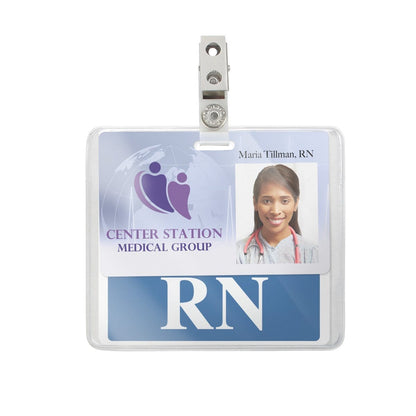 ID badge for Center Station Medical Group. The Horizontal Badge Buddy Holder (P/N 1840-5014), encased in a vinyl pocket enclosure, features a photo of Maria Tillman, RN, and displays the initials "RN" at the bottom.