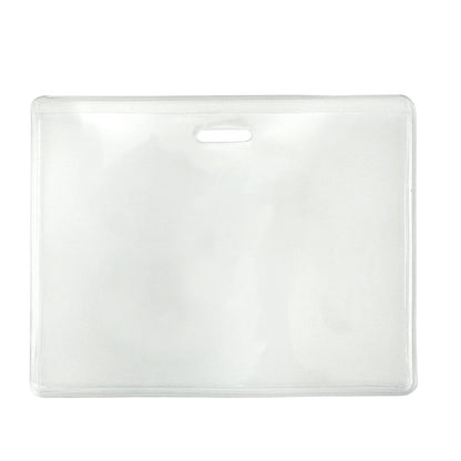 A Clear Vinyl Horizontal Proximity Badge Holder With Anti-Print Transfer Material (P/N 1840-5071) with a single slot for attachment, crafted from heavy-duty material to ensure durability.