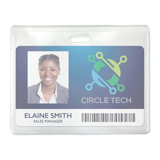 An ID badge for Circle Tech, held in a Clear Vinyl Horizontal Proximity Badge Holder With Anti-Print Transfer Material (P/N 1840-5071), showcases a smiling person labeled "Elaine Smith, Sales Manager," featuring the company logo and a barcode.