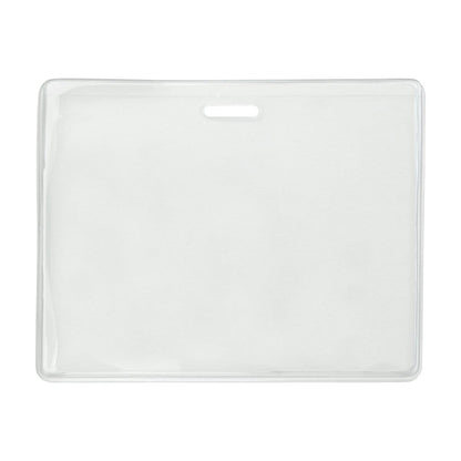 A Clear Heavy Duty Vinyl Horizontal Proximity Card Holder 1840-5017, featuring a pre-punched slot at the top for easy attachment to a lanyard or clip.