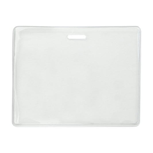 A Clear Heavy Duty Vinyl Horizontal Proximity Card Holder 1840-5017, featuring a pre-punched slot at the top for easy attachment to a lanyard or clip.