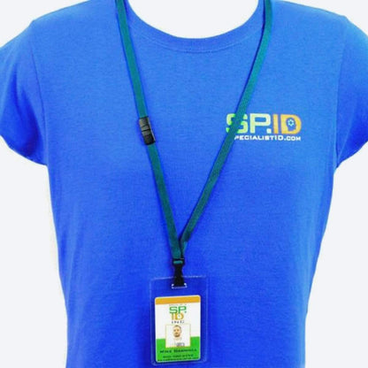 Person wearing a blue SpecialistID.com t-shirt and a green lanyard with a Proximity Card Holder (1840-5050) for their ID badge.