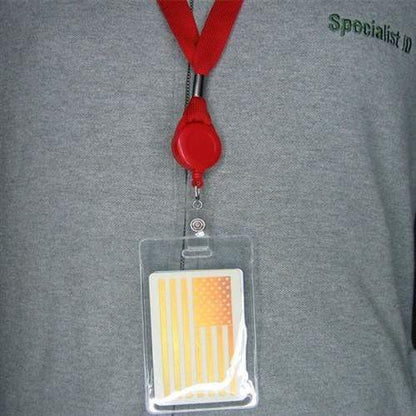 Person wearing a gray shirt with "Specialist" written on it and a red lanyard holding a Proximity Card Holder (1840-5050) displaying a yellow and white striped design.
