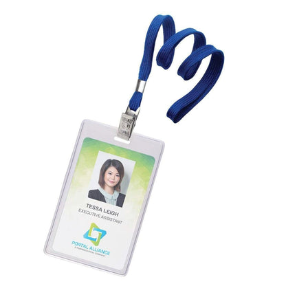 Proximity Card Holder (1840-5050) with a blue lanyard and a transparent vinyl card holder, displaying a photo of a woman and the text: "Tessa Leigh, Executive Assistant, Portal Alliance.