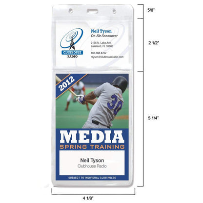 A media pass for Neil Tyson from Clubhouse Radio, encased in a Clear 4" X 7 1/2" Vinyl Vertical Large Badge Holder With Two Pockets (P/N 1840-5052), featuring a baseball player batting and the text "2012 Spring Training." Contact information is listed above the image, with measurements provided around the pass.
