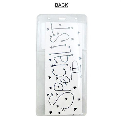 Clear 4" X 7 1/2" Vinyl Vertical Large Badge Holder With Two Pockets (P/N 1840-5052) labeled "BACK" containing a white card with the word "Specialist" written in stylized black letters surrounded by small hearts.