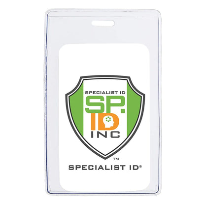 A Heavy Duty Vertical Proximity Card Holder (P/N 1840-5057) displays a card with the "Specialist ID Inc" logo in green and orange, alongside a shield emblem.