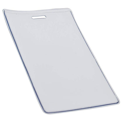 A clear, rectangular plastic badge holder with a single slot at the top for attachment. This Heavy Duty Vertical Proximity Card Holder (P/N 1840-5057) ensures durability and easy access, making it perfect for use with a badge reel.