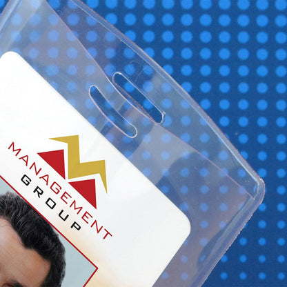 A Heavy Duty Vertical Proximity Card Holder (P/N 1840-5057) displays an ID card with a partial face and the "Management Group" logo featuring a stylized 'M' on a dotted blue background.