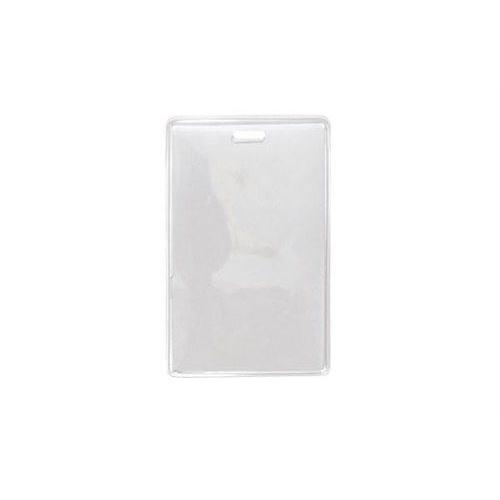 A **Clear Vinyl Vertical Proximity Badge Holder With Anti-Print Transfer Material (P/N 1840-5070)** designed for data or credit card size, featuring anti-print transfer material and a slot at the top for attaching a lanyard or clip.