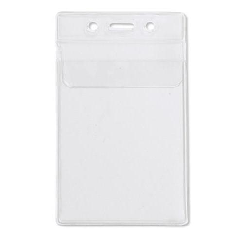 A Clear 2 7/8" X 4" Vinyl Vertical Large Badge Holder With Tuck-In Flap (P/N 1840-5150) with three punch holes at the top, suitable for attaching to a lanyard or clip. The holder has a slot for a card or ID.