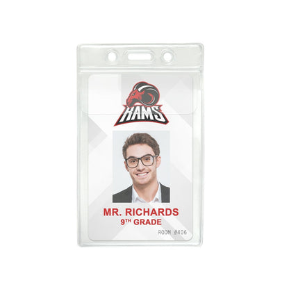 ID badge with photo of a male student, reading "HAMS," "Mr. Richards," "9th grade," and "Room #406" enclosed in a Clear 2 7/8" X 4" Vinyl Vertical Large Badge Holder With Tuck-In Flap (P/N 1840-5150).