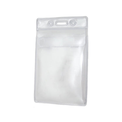 Clear 2 7/8" X 4" Vinyl Vertical Large Badge Holder With Tuck-In Flap (P/N 1840-5150) with a top flap and a slot for attaching a lanyard or clip; it also functions perfectly as an oversized ticket holder.