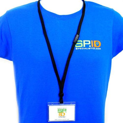 Person wearing a blue shirt with "SPECIALISTID.COM" printed on it, along with an ID badge securely fastened in a Horizontal Rigid Plastic Badge Holder - Frosted Card Dispenser (P/N 1840-6000) attached to a black lanyard.