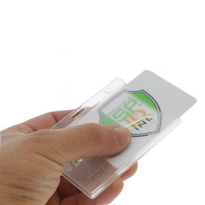 Hand holding a Horizontal Rigid Plastic Badge Holder - Frosted Card Dispenser (P/N 1840-6000) with one card partially inside. The rigid badge holder ensures ID badge protection while showcasing its green and white design with text and a logo.