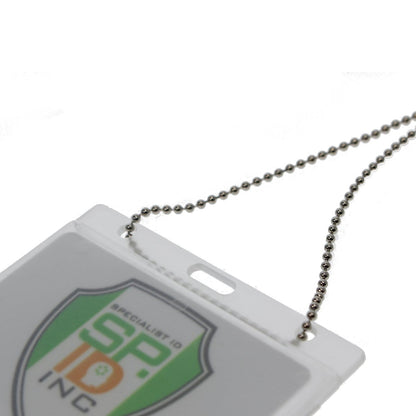 A close-up image of a Horizontal Rigid Plastic Badge Holder - Frosted Card Dispenser (P/N 1840-6000) with a ball chain lanyard and a partial view of a logo displaying "SP. ID. INC." in green and orange, showcasing excellent ID badge protection.