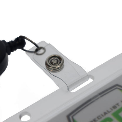 Close-up of a Horizontal Rigid Plastic Badge Holder - Frosted Card Dispenser (P/N 1840-6000) with a retractable lanyard attached to a plastic clip, providing excellent ID badge protection.