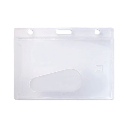 A Horizontal Rigid Plastic Badge Holder - Frosted Card Dispenser (P/N 1840-6000) designed for ID badge protection, featuring two holes and a slot for attaching a lanyard.