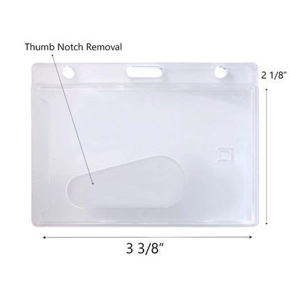 Rigid plastic ID badge holder with dimensions of 3 3/8 inches in width and 2 1/8 inches in height, featuring a thumb notch for easy card removal and enhanced ID badge protection. Horizontal Rigid Plastic Badge Holder - Frosted Card Dispenser (P/N 1840-6000).