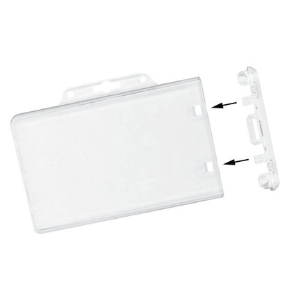 Clear Horizontal Permanent Locking Plastic Card Holder (P/N 1840-6040) with a detachable clip, shown in two parts. Arrows indicate the direction to attach or detach the clip from the locking badge holder.