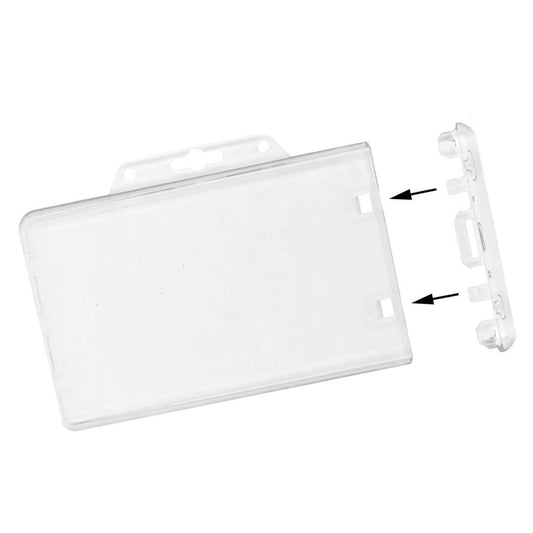 Clear Horizontal Permanent Locking Plastic Card Holder (P/N 1840-6040) with a detachable clip, shown in two parts. Arrows indicate the direction to attach or detach the clip from the locking badge holder.
