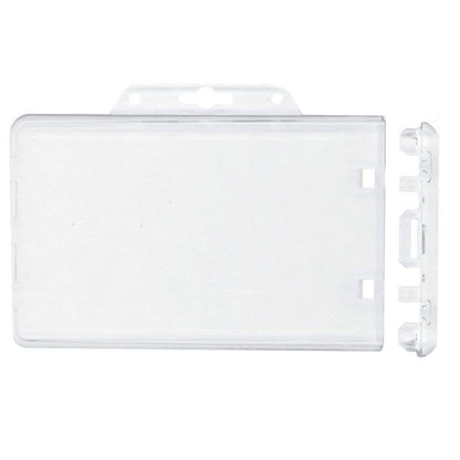 Clear Horizontal Permanent Locking Plastic Card Holder (P/N 1840-6040) with a slot for attachment at the top and clip slots on the side, designed to securely hold and display ID cards; ideal as a locking badge holder for added security.