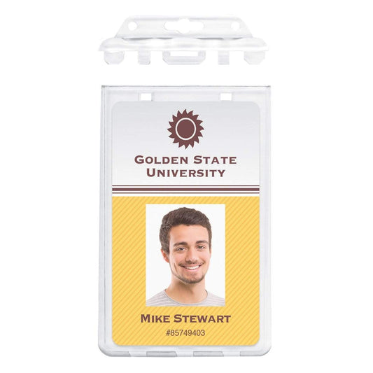 ID badge for Golden State University with a photo of a smiling individual and the name "Mike Stewart," along with identification number #85749403, displayed in a Clear Vertical Permanent Locking Plastic Card Holder (P/N 1840-6045).
