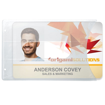 A Clear Bank Card Rigid Holder (P/N 1840-6070) displays an ID card with a photo of a smiling person, name "Anderson Covey," and title "Sales & Marketing." The badge features the logo "Origami Solutions.