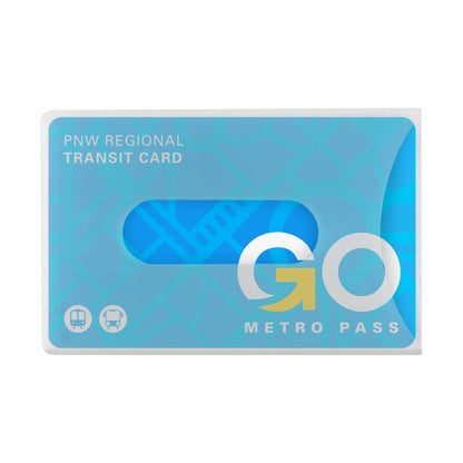 A PNW Regional Transit Card with "GO Metro Pass" written on it, featuring icons of a bus and a train. The card, held in a Clear Bank Card Rigid Holder (P/N 1840-6070), has a blue design with a map pattern in the background.
