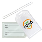 Clear plastic luggage tag with a slot for personal information and a detachable strap. The tag shows spaces labeled Name, Address, Telephone, and Email, and features a logo placeholder. Ideal for Custom Rigid Plastic Luggage Tag Holders with 6" Clear Loop - Personalize with Your Logo used in promotional giveaways to boost brand awareness.