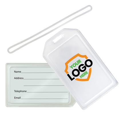 Clear plastic luggage tag with a slot for personal information and a detachable strap. The tag shows spaces labeled Name, Address, Telephone, and Email, and features a logo placeholder. Ideal for Custom Rigid Plastic Luggage Tag Holders with 6" Clear Loop - Personalize with Your Logo used in promotional giveaways to boost brand awareness.