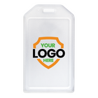 Clear plastic badge holder with a shield-shaped logo space for custom branding and the text "YOUR LOGO HERE" in green and black, perfect for promotional giveaways to boost brand awareness has been replaced with Custom Rigid Plastic Luggage Tag Holders with 6" Clear Loop - Personalize with Your Logo.