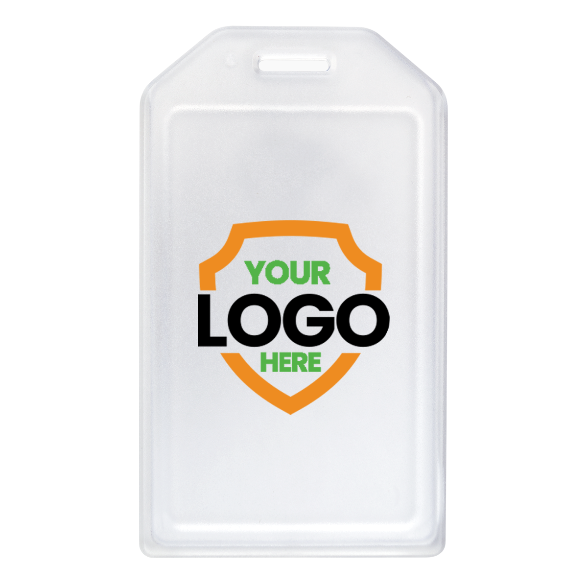 Clear plastic badge holder with a shield-shaped logo space for custom branding and the text "YOUR LOGO HERE" in green and black, perfect for promotional giveaways to boost brand awareness has been replaced with Custom Rigid Plastic Luggage Tag Holders with 6" Clear Loop - Personalize with Your Logo.