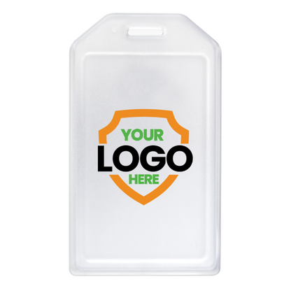 Clear plastic badge holder with a shield-shaped logo space for custom branding and the text "YOUR LOGO HERE" in green and black, perfect for promotional giveaways to boost brand awareness has been replaced with Custom Rigid Plastic Luggage Tag Holders with 6" Clear Loop - Personalize with Your Logo.