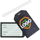 Black Custom Rigid Plastic Luggage Tag Holders with 6" Clear Loop - Personalize with Your Logo with a transparent window displaying fields for name, address, telephone, and email. It has an attached white strap and a logo area that says "Your Logo Here," making it perfect for brand awareness and promotional giveaways.