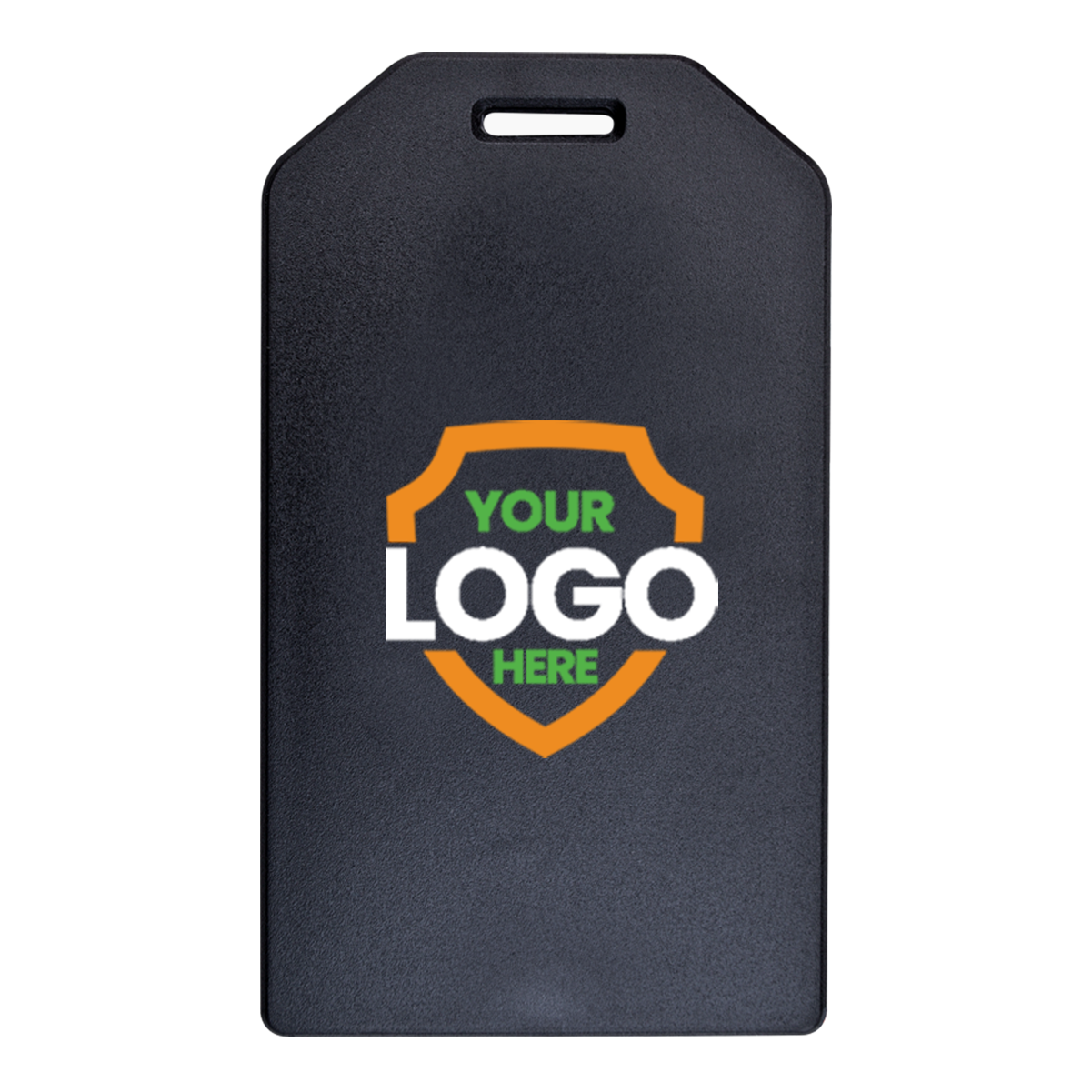 A black, rectangular Custom Rigid Plastic Luggage Tag Holders with 6" Clear Loop - Personalize with Your Logo with a notch at the top for attachment. The front features a shield graphic with the words "YOUR LOGO HERE" in the center—perfect for custom luggage tags to boost brand awareness through promotional giveaways.