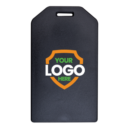 A black, rectangular Custom Rigid Plastic Luggage Tag Holders with 6" Clear Loop - Personalize with Your Logo with a notch at the top for attachment. The front features a shield graphic with the words "YOUR LOGO HERE" in the center—perfect for custom luggage tags to boost brand awareness through promotional giveaways.