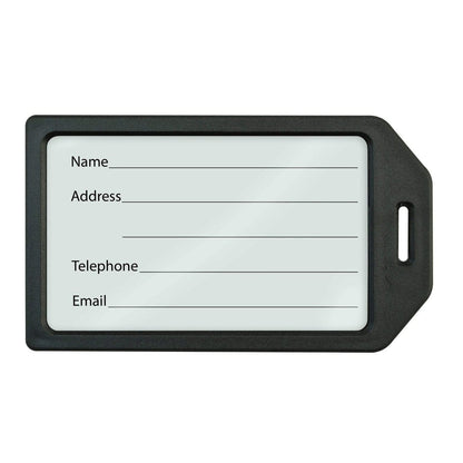 A black, heavy-duty luggage tag with spaces for name, address, telephone, and email information. The Heavy Duty Luggage Tags with Plastic Loops Included - Window for Business Card or Included Insert (1840-620X) ensure durability and long-lasting use.