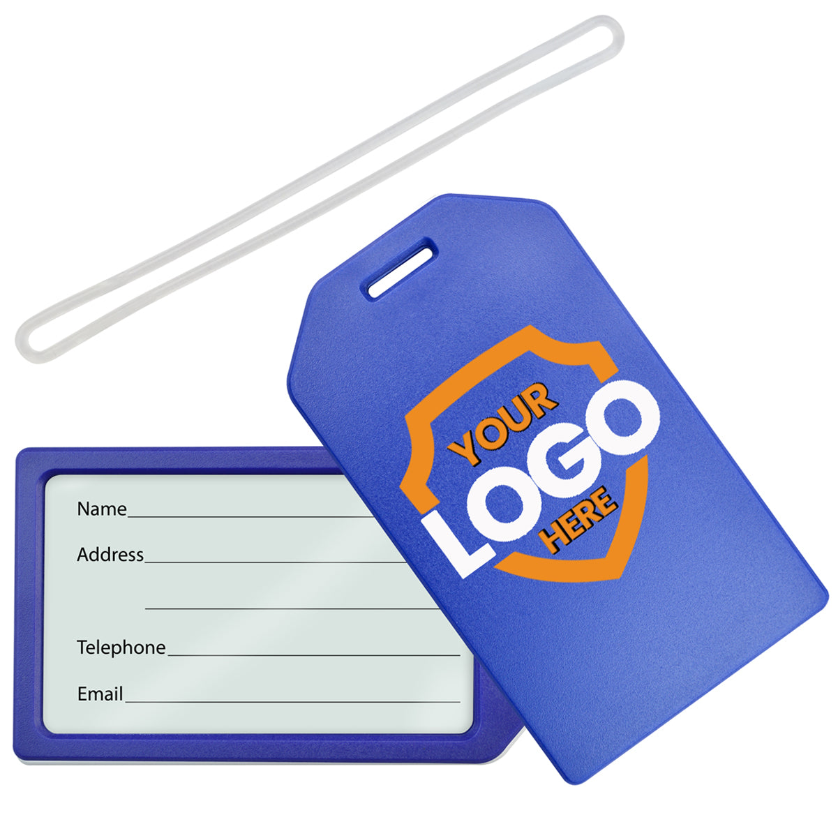 Blue Custom Rigid Plastic Luggage Tag Holders with 6" Clear Loop - Personalize with Your Logo, featuring a section for personal information including name, address, telephone, and email. Perfect for promotional giveaways, the tag is customizable with a logo in the center to enhance brand awareness.
