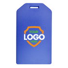 A blue Custom Rigid Plastic Luggage Tag Holders with 6" Clear Loop - Personalize with Your Logo with a shield design in the middle, displaying the placeholder text "YOUR LOGO HERE" in white and green letters with an orange outline around the shield, perfect for custom luggage tags that boost brand awareness.