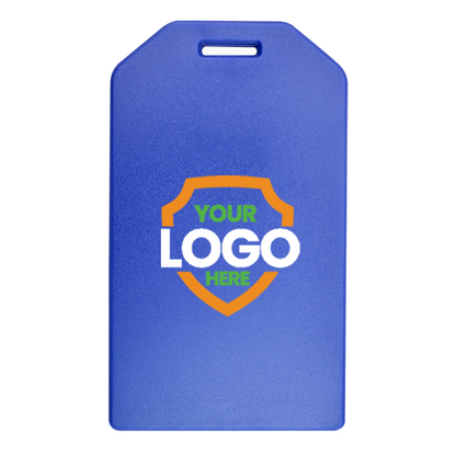A blue Custom Rigid Plastic Luggage Tag Holders with 6" Clear Loop - Personalize with Your Logo with a shield design in the middle, displaying the placeholder text "YOUR LOGO HERE" in white and green letters with an orange outline around the shield, perfect for custom luggage tags that boost brand awareness.