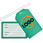 Green Custom Rigid Plastic Luggage Tag Holders with 6" Clear Loop - Personalize with Your Logo, featuring a transparent window displaying spaces for name, address, phone number, and email. The back features a customizable logo area and a white strap for attachment. Perfect for promotional giveaways, these custom luggage tags help boost brand awareness wherever you travel.