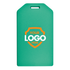 A Custom Rigid Plastic Luggage Tag Holders with 6" Clear Loop - Personalize with Your Logo in green featuring an orange shield design with the text "Your Logo Here," perfect for promotional giveaways to boost brand awareness.