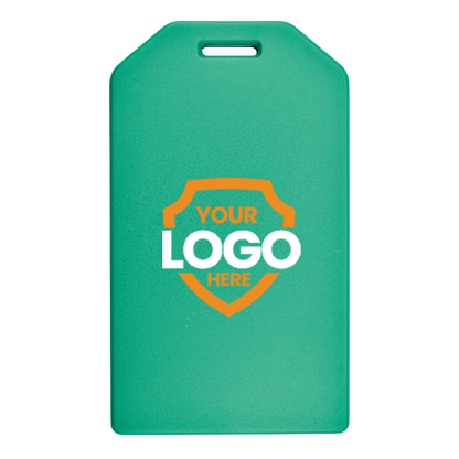 A Custom Rigid Plastic Luggage Tag Holders with 6" Clear Loop - Personalize with Your Logo in green featuring an orange shield design with the text "Your Logo Here," perfect for promotional giveaways to boost brand awareness.